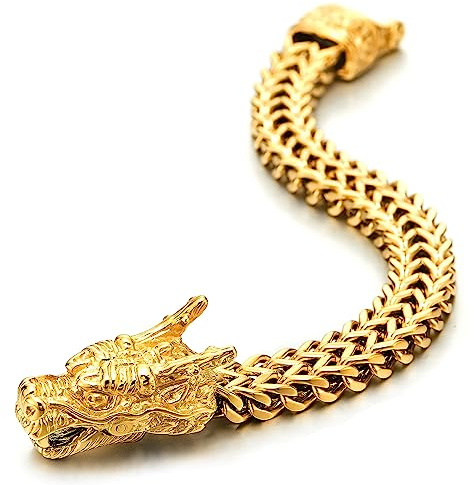 COOLSTEELANDBEYOND Herren Große Goldfarben Edelstahl Vintage Drache Quadrat Franco Link Kette Panzerkette Armband, 21.5CM Lange, Männlich