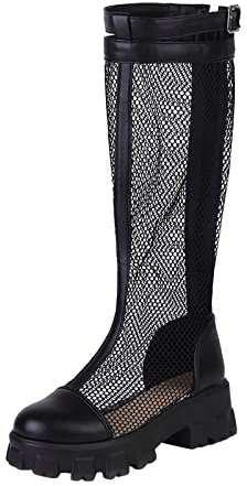 BILIKEYU Damen-Stiefel mit mittlerer Wade, Frühlings- und Sommermode, einfache Mesh-Stiefel, einfarbig, Dicke Sohle, bequem, quadratischer Absatz Latex Damen (Black, 41)