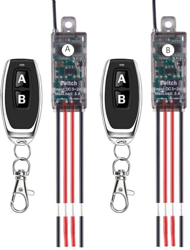 Meskliu 12v funkschalter,2 Kanal Mini Funkschalter mit Fernbedienung,DC5V-24V 5A Funk Relais Wandschalter,Kabelloser Lichtschalter mit 50m Long Range für Garagentor, Motor, Markise…