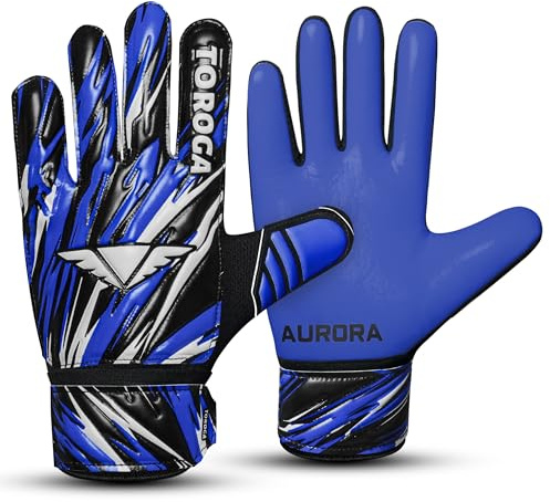 TOROGA Fotboll, målvaktshandskar, fotboll målvaktshandskar för barn pojkar barn ungdomar målvakt med 4 mm latex supergrepp finger ryggradsskydd halkskydd handflata (blå, 2, tvåhänt målvakt)
