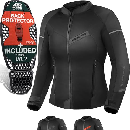 SHIMA X-MESH Motorcykel jacka dam med skydd AIRFORCE ryggskydd motorcykeljacka sommar nät ventilerad textiljacka skyddsjackor luftig (kvinnor, svart, L)