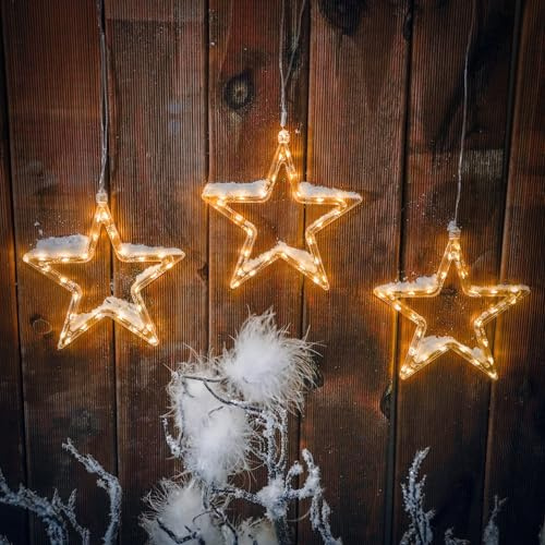 Esotec Solar Lichtervorhang Sternenregen, 3 Sterne mit je 28 LEDs ⌀19cm 2800K warmweiß, Lichterkette Weihnachtsdeko hängend outdoor 102580