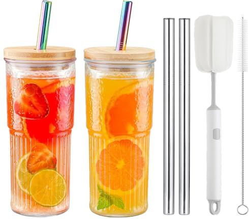 CJWLKJ Juego de 2 tazas de vidrio, tazas de té reutilizables de 24 onzas con tapas de bambú y popotes, tarros de boca ancha, vasos de café helado, botella de vidrio para batidos, jugo, regalo