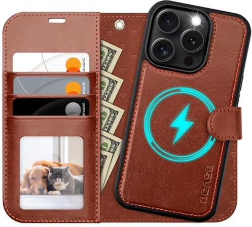 OCASE für iPhone 16 Pro Hülle (2in1) Leder Stoßfestes Case, Klassisch braun | Abnehmbare magnetische Hülle, Mit Handschlaufe, Kabelloses Laden, Kartenfach, Standfunktion, Handy RFID Schutzhülle
