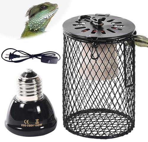 Mineup Reptilien Wärmelampe mit Schutzkorb, E27 100 W Schildkröte Wärmespotlampe, Wärmelampe Schildkröten, Einstellbare Temperatur, Reptilien Heizlampe für Schildkröte, Schlangen, Echsen, Frösche