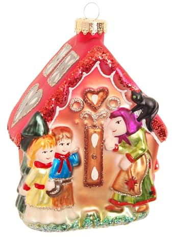 Krebs Glas Lauscha - Weihnachtsdekoration/Christbaumschmuck aus Glas - Lebkuchenhaus mit Hexe, Hänsel & Gretel - Größe: ca. 13 cm