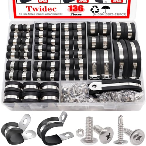 Twidec/136PCS Cable Clamps Assortment Kit 304 Stainless Steel Rubber Coated Cushion Clamps 10 Sizes 1/4 5/16 3/8 1/2 5/8 3/4 1 1-1/4 1-1/2 1-3/4 With Screw For Automotive Wire Pipe Clamps