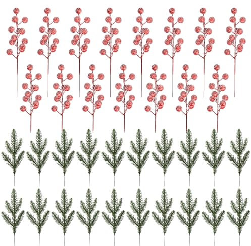 NNXHWY 35 Stück Künstliche Weihnachtskiefernzweige und -beeren, Weihnachtliche Künstliche Kieferngrünstiele, Schneefrost-Weihnachtsbeerenspieße, Weihnachtsblumenspieße für
