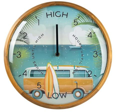 Easylife Tide Wall Clock (Surfboard Design) Tide Clock with Pine Frame, Silent Clock with Quartz Movement, 30cm Diameter, Beach Essentials and Weather Gifts - Fully Guaranteed