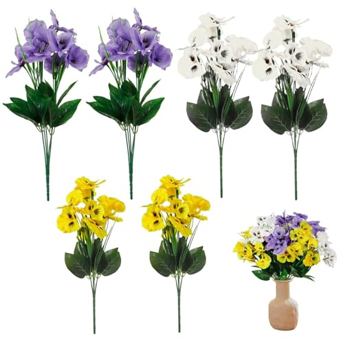 Rouloudun Künstliche Stiefmütterchen für Outdoors 6 Bündel 14in gefälschte Blumen DIY -Kunstblumen 10 Blumen Realistische künstliche Blumen für Garten Hochzeit Veranda, gemischte Farbe