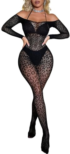 Buitifo Lingerie da donna, calza leopardata, body a rete, tuta intera per rave(Nero1,taglia unica)