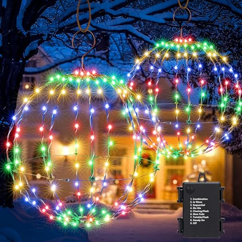 Set mit 2 hängenden Kugel-Lichtern für den Außenbereich – 2 Größen von weihnachtlichen batteriebetriebenen Gartenlaternen, wasserdichte Kugel-Lichterkette mit 8 Beleuchtungsmodi