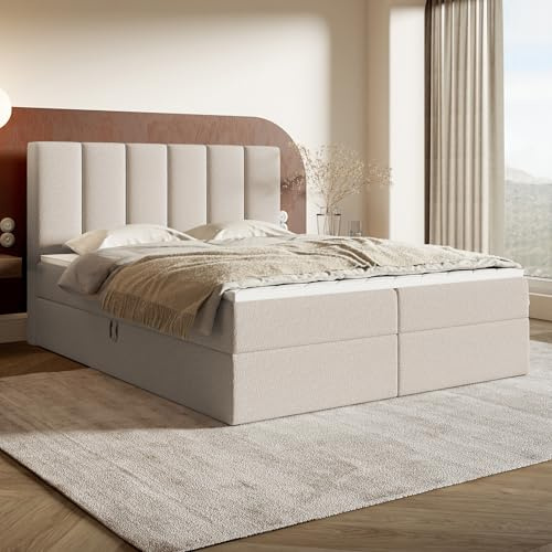 MOTIVENA Santiago Boxspringbett 160x200 Beige Boucle, mit Taschenfederkern-Matratze (H3), mit T28 Komfortschaumstoff Topper (H3), Boxspringbett 160x200 mit Bettkasten Beige (Creme)