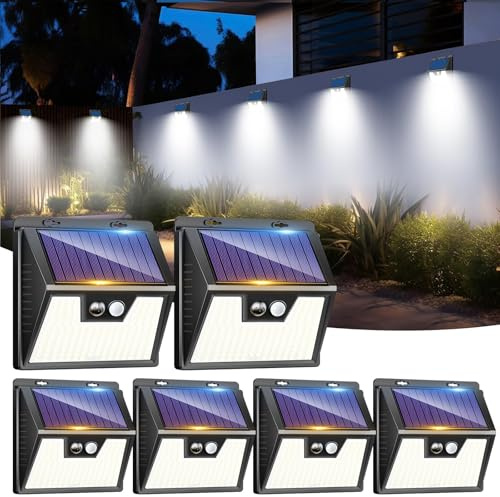 LOTMOS Lot de 6 Lampe Solaire Exterieur Detecteur de Mouvement, 176 LED Lumiere Extérieur IP65 Étanche Spot Solaire 3 Modes Eclairage Exterieure, Projecteur Extérieure pour Jardin Garage, Blanc Froid