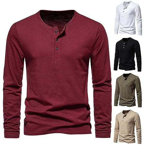 Camicia Uomo Manica Lunga T Shirt Uomo Maglietta di Cotone T-Shirt Slim Fit Henley Tshirt Maglia Bottone Magliette Girocollo Camicie Tinta Unita Pullover Basic Tshirts Palestra Casual Sportiva Leggera