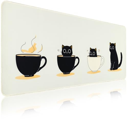 Zindoo Tapis de Souris XXL Tapis de Souris Gamer Optimisé pour Capteur | 900 x 400mm Haute Précision et Vitesse avec Bords Cousus et Base Antidérapante (Trois Chats)