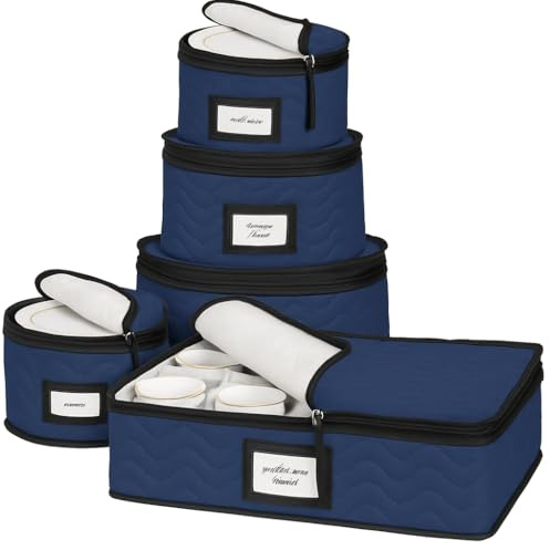 China Storage Containers 5-Piece Set Moving Boxes for Dinnerware, Glasses, Plates, Mugs and Saucers Sturdy Quilted Microfiber Dish Organizer with Dividers for Seasonal Storage - Holds Set of 12, blue