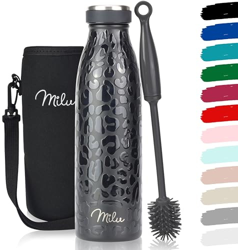 Milu Edelstahl Trinkflasche 350ml, 500ml, 750ml, 1L, 1,5L – Thermosflasche für Kinder Erwachsene auslaufsicher Isolierflasche Kohlensäure geeignet– inkl. Reinigungsbürste (Black Leopard, 500ml)