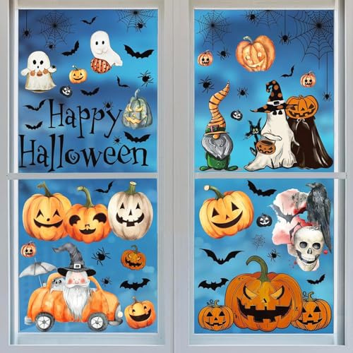 102 Stück Halloween Fensterbilder Selbstklebend, 8 Blatt Halloween Deko Fenster Window Stickers Aufkleber Geister Kürbisse Fensterabziehbild für Haus Party Laden Fenster Glas Anzeige Dekoration
