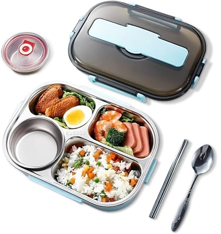 Xiuyer Lunch Box, Porta Pranzo Bambino con 4 Scomparti e Cucchiaio Forchetta, Portapranzo Acciaio Inox Schiscetta Pranzo per Microonde Lavoro Picnic Ufficio (Blu)