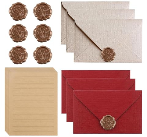22 Stück Vintage Briefpapier mit Umschlag, Briefpapier Set mit 6 Leinenumschlag Umschläge und 6 Wachssiegel-Aufkleber 10 A5 Briefpapier Vintage Papier für Geburtstag,Hochzeits Einladung Grußkarten