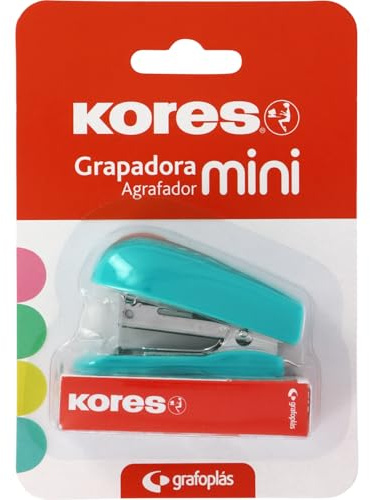 Kores - Mini cucitrice turchese + 1000 graffette 24/6, compatibile con 26/6, capacità 12 fogli carta 80g, 6x4,5x3cm, distanza graffatura 17mm, ideale come materiale da ufficio, perfetto per astuccio