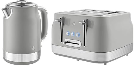 Swan Retro Kitchen Set, 1.7L Rapid Boil Jug Kettle with 360 Degree Base and 4 Slice Toaster with 7 Browning Levels, 1860W, Grey, SK19025GRY & ST19029GRY