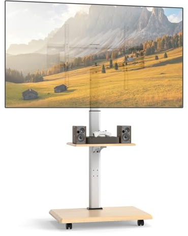 COSTWAY Mobile TV Stand on Wheels for 32-75 Inch TVs, 60° Swivel Height Adjustable TV Cart with 2 Tier Shelves & Lockable Wheels, Rolling TV Stand Holds Up to 50KG, Max VESA 600x400mm (Natural+White)