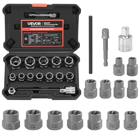 VEVOR Juego de Extractor de Tuercas y Tornillos Dañados 16 Piezas, Extractor de Pernos, con Punzón Adaptadores y Estuche de Almacenamiento, Herramientas para Sacar Tornillos Rotos Oxidados Pintados