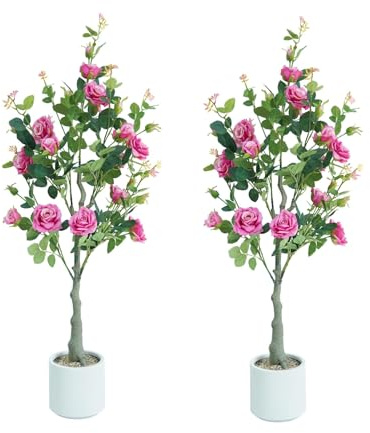 Garvee 2Pcs Artificial Rose Tree with White Pot, Decorative Fake Plant with Silk Leaves and Dark Pink Flowers, UV-Resistant Faux Tree for Outdoor Indoor Garden Porch Decor, 120cm
