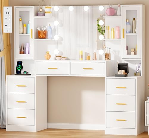 YUNSCEND 150cm Large Dressing Table with Mirror,10 LED Lights,Power Outlet