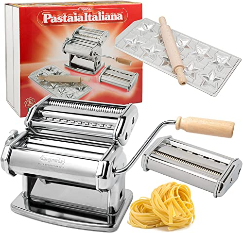 Imperia Italian Pasta Maker Gift Set, Silver – Includes Pasta Machine, Ravioli Mold, Roller & Cutter Attachments