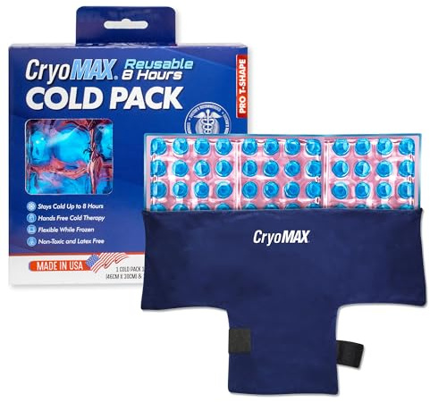 CryoMAX Reusable Cold Pack - 8-Hour Long-Lasting Cold Therapy Ice Pack, Adjustable Wearable Compress Straps, Best for Pain Relief, Injuries, Hip Surgery Swelling, and Migraines - T-Shape (1 Count)