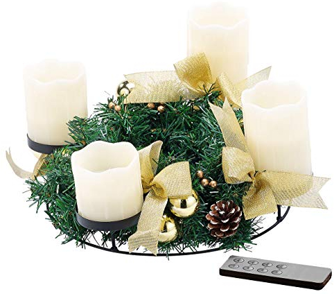 Britesta Gesteck LED-Kerze: Adventskranz mit weißen LED-Kerzen, goldfarben geschmückt (Kerzenkränze, Adventsschmuck, Winter)