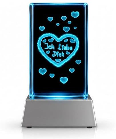 Kaltner Präsente Stimmungslicht - Das perfekte Geschenk: Kristall Glasblock mit 3D Gravur/Ich liebe dich Geschenke für Frauen, Männer/Jahrestag Geschenk für Sie, Ihn/Gravur Herz/Nachtlicht