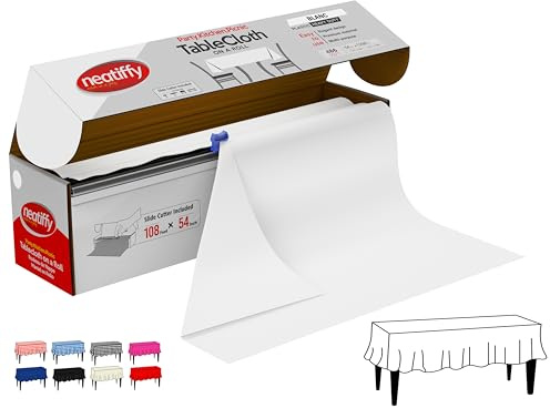 Neatiffy Disposable Plastic Table Cloth Roll | 54 in x 108 Ft Waterproof Tablecloth | Table Cover for Rectangle, Square, Round Oval Tables | Picnic, Party, Banquet, Birthdays, Weddings - White