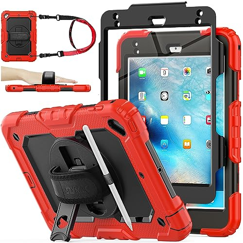 SEYMAC stock Case for iPad Mini 5/Mini 4 7.9'' 2019/2015, Red | Full-body Shockproof, with Screen Protector, 360° Rotating/Adjustable Stand/Hand Strap, Pencil Holder & Shoulder Strap