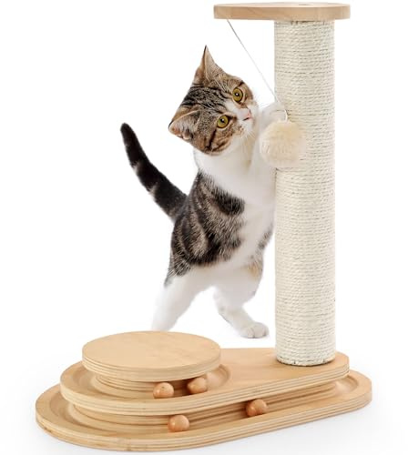 Made4Pets Cat Scratching Post Cat Scratcher Kitten Toys for Indoor Cats Wooden Ball Track Two-Layer Modern Sisal 17.7 Tall Scratch Post Interactive Toy with Dangling Ball
