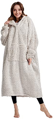 Oversized Teddy Fleece Hoodie Blanket for Women Cuddly Sherpa Wearable Snuggle Blanket Hoody for Adults Kids Men Teenager, Super Warm and Soft,Brown-Over Length