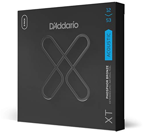 Corde per chitarra acustica D'Addario, XT rivestite in bronzo fosforoso, XTAPB1253-3P, calibro leggero 12-53, set di 6 corde, confezione da 3