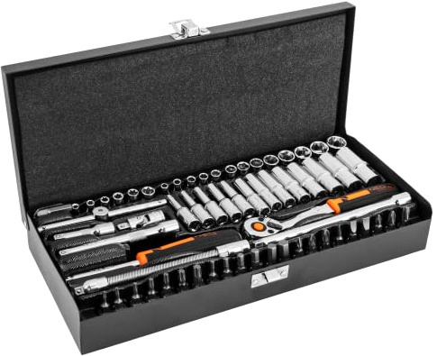 NEO TOOLS Steckschlüssel 1/4, Satz mit 63 Teilen; CrV Stahl; ¼-Knarre, 32 ¼-Einsätze, 4 Verlängerungen, T-Griff, Gelenk, ¼-Schraubendrehergriff, Bohreradapter und 22 Bits; Koffer