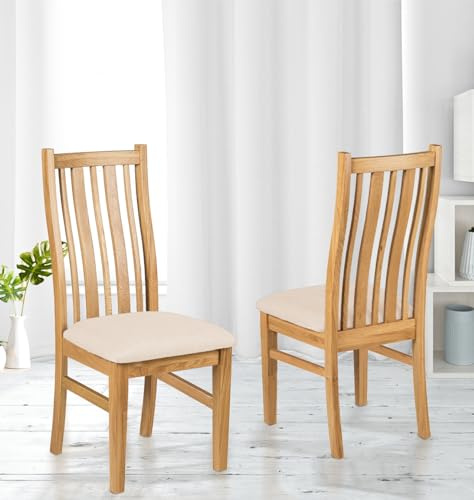 Hallowood Furniture Eiche Esszimmerstühle 2er Set mit Leinenstoff Sitzpolster, stilvolle Massivholz helle Eiche Küche Esszimmer Stühle in Natur Beige Sitz für Zuhause und Restaurant