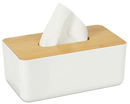 Relaxdays Contenitore per Fazzoletti, Porta Salviette Trucco per Il Bagno, Coperchio in Legno, HLP: 10x23x13 cm, Bianco, bambù