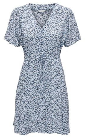 ONLY Robe Courte décontractée pour Femmes Motif Estival Robe Chemisier à Manches Courtes, Couleurs:Bleu-2, Taille:M