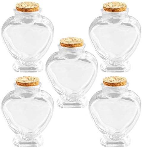 NUOBESTY 5 Botellas de Vidrio de 160ml con Tapa de Corcho en Forma de Corazón Pack de 5 Piezas Pequeñas para Manualidades DIY y Recuerdos de Viaje