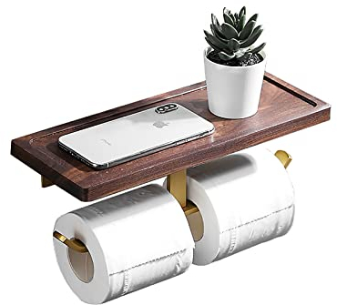 SWHC Toilettenpapierhalter, Klopapierhalter mit Ablage, Toilettenpapierhalter Ohne Bohren Bambus, für WC Bad und Kitchen Multifunktionale Aufbewahrung Klorollenhalter Selbstklebend