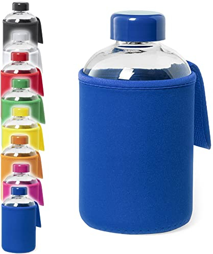 Generico 600ML Water Bottle Glass Screw Cap Cover Carrying Handle Case Sports (Blue)