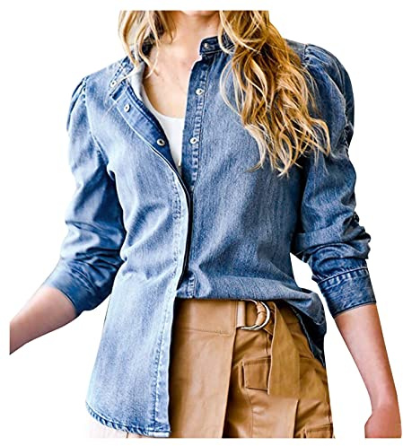 TDEOK Camicia da donna a maniche lunghe, blu scuro, in jeans, lunga, oversize, con bottoni, in denim, camicia vintage con scollo a V, camicia in jeans estiva e autunno