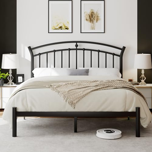 iPormis Queen Size Metal Platform Bed Frame with Modern Iron-Art Headboard/Heavy Duty Steel Slats Support/Under Bed Storage/No Box Spring Needed/Easy Assembly/Noise-Free/Black