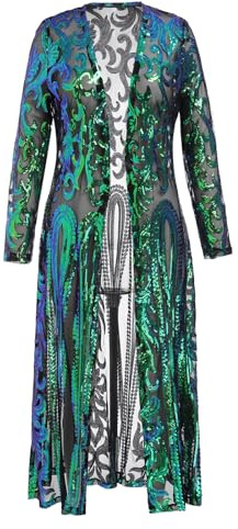FYMNSI Women Sparkling Sequin Cardigan Duster Long Jacket See Through Mesh Open Front Long Sleeve Dressy Coats for Evening Party Pageant